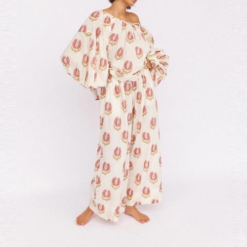 Women Ruffle Pajama Set Long Puff Sleeve Babydoll Shirt Pants Set Gingham 2 Piece Lounge Outfit Sleepwear4