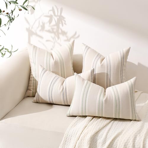 Image of Hckot Throw Pillow Covers 20x20 Set of 2 Light Green Pillow Covers Farmhouse Decorative Pillows Textured Linen Square Cushion Covers for Sofa Couch Bed Living Room Decor(Light Green)