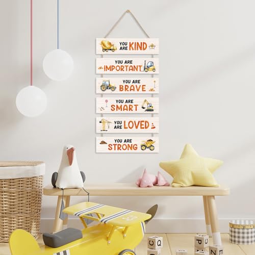 Image of HPNIUB Construction Trucks Room Decor for Boys, Transportation Inspirational Positive Quotes Hanging Plaque Sign, Cartoon Vehicle Wood Sign for Nursery or Toddler Room Decor