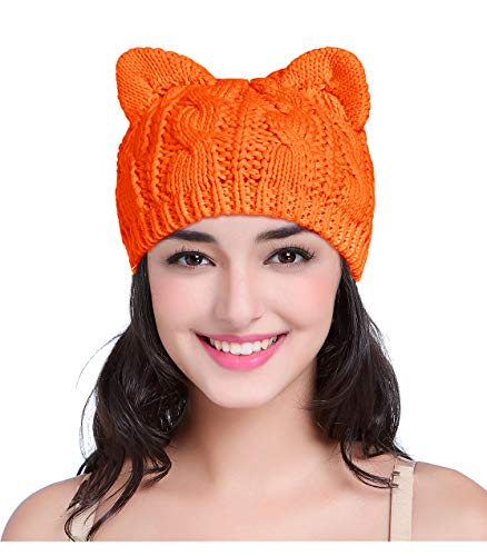 v28 Women Men Girls Boys Teens Cute Cat Ear Knit Cable Rib Hat Cap Beanie (Medium Cat Ear Orange)