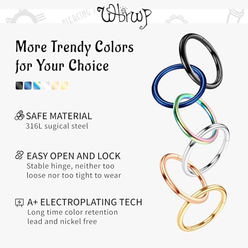 Wbrwp NR001-SI-14G-10MM 316L Surgical-Steel Hinged Nose Rings Hoop 14G Womens And Mens Body Pierecing Ring Septum Clicker Helix Cartilage Hoop Body Piercing Jewelry 10Mm Diameter thumb #3