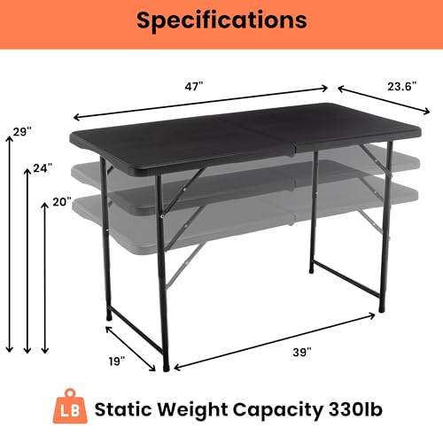 Image of BTEXPERT Set of 5, Fold-in-Half Folding Utility Table 4Feet Lightweight Height Adjustable Portable Carrying Handle Indoor Outdoor Picnic Camping Office Home Party Easy to Clean Store Care Black