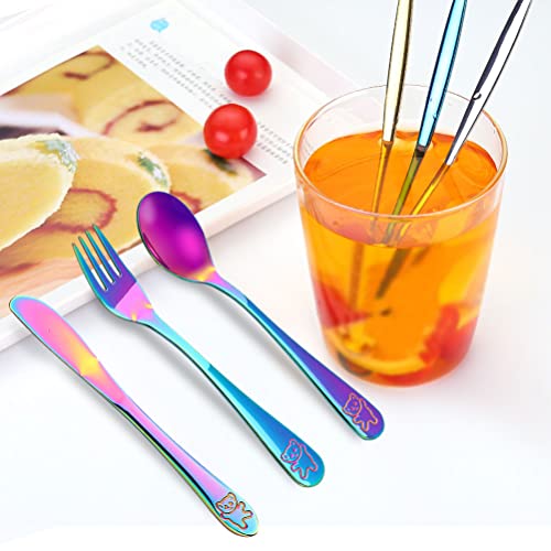 Foto von 6-teiliges Kinderbesteck aus Edelstahl, 2 x Gabel, 2 x Löffel und 2 x Messer für Baby & Kinderzeit, Kinderbesteck Mit Gravur, Geschenke zur Taufe,Taufgeschenke(Regenbogen)