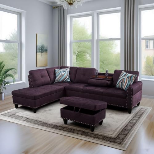 Image of L-Shaped 3-Piece Linen Sofa with Ottoman, Sectional Couch Set for Living Room, Office, Apartment, with Cup Holder, Purple