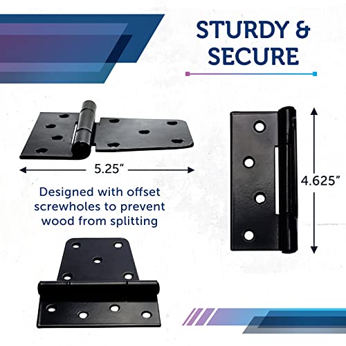 Heavy Duty Hinges For Gates (4 Pack) – Black Iron Tee Strap Black Door Hinges W/ 36 Stainless Steel Screws – Sturdy, Easy To Install Fence Gate Kit For Outdoor, Indoor - Self Closing Gate Hinges #TOP4