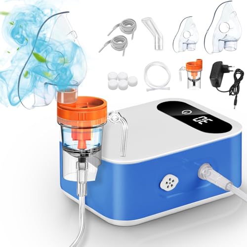 BIAOQINBO Aerosol Silenzioso per Bambini Adulti,Aerosol Portatile a Microcompressore con Display Digitale, Nebulizzatore Inalatore Ultrasuoni Macchina Aerosol con Boccaglio e Maschera (Blu)