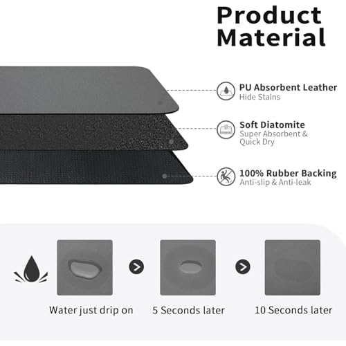 Image of Dish Drying Mat for Kitchen Counter 40x60 cm, Large Absorbent Quick Dry Mat with PU Surface, Non-Slip Rubber Backing, Waterproof Kitchen Mat for Dishes, Cups & Coffee Station (Black)