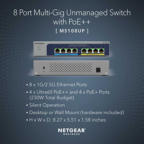 Image of NETGEAR MS108UP 8-Port Unmanaged Switch | 4 x 100 /1000 /2.5G (PoE++) + 4 x 100 /1000 /2.5G (PoE+) | Desktop & Wall-Mountable | 𝐏𝐨𝐄++ 230W | Cloud Care's 3-Year Warranty SupportPlus Included