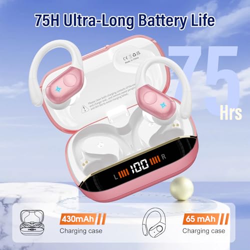 Image of Qecnato Wireless Earbuds Bluetooth 5.4 Headphones Sports, 75H Stereo Deep Bass Over Ear Buds with Earhooks, Bluetooth Earbuds with 4 ENC Mic, LED Display, IP7 Waterproof Earphone for Running, Pink