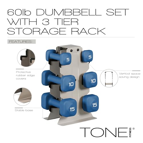 Image of Tone Fitness Neoprene Dumbbell Set with Storage Rack - Non-Slip, Anti-Roll Hand Weights for Home Gym Workouts | 20 lb, 32 lb, 50 lb, 60 lb & 100 lb Options