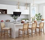 BESTANO Rattan Counter Stools Set of 4, 26 Inches Modern Counter Height Bar Stools Farmhouse Wooden Barstools with Back, Boho Linen Fabric Upholstered Kitchen Island Chairs, Cream