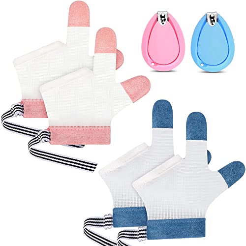 2 Pairs Baby Stop Thumb Sucking Finger Guard Kid Infant Finger Guard Stop Thumb Soft Mesh Fabric Stop Sucking Glove No Scratch Thumb Protector with 2 Pieces Baby Nail Clippers
