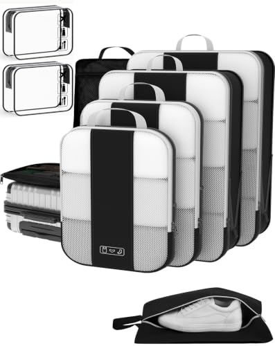 Image of OlarHike 9 Set Compression Packing Cubes for Travel Essentials,Compressible Expandable Space Saver Bags for Organizing Clothes,Luggage Suitcase Garment Bags with Over 1000 pcs Mesh Holes(Yellow)