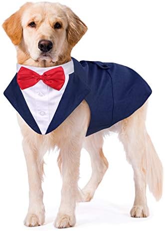Kuoser Dog Tuxedo Dog Suit and Bandana Set, Dogs Tuxedo Wedding Party Suit, Dog Prince Wedding Bow Tie Shirt Formal Dog Wedding Attire for Large and Medium Dogs Golden Retriever Samo Bulldogs
