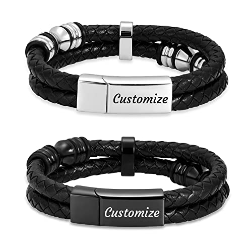 Oinsi Men's Stainless Steel Genuine Braided Leather Bracelet Cremation Jewelry for Ashes of Loved Ones Keepsake Memorial Urn Bangle Bracelets, with Magnetic Closure(Customize)