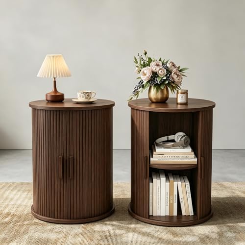 wanan Round Fluted End Table Set of 2, Tall Side Table with Slidi...