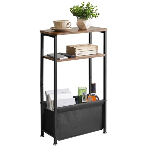 Aibiju Mesa Auxiliar Estrecha, 3 Niveles de Mesa Delgada para Espacios Pequeños, Mesa de Noche Estrecha 40x20x66cm con Canasta de Tela para Dormitorio, Sala de Estar, Marrón Rústico YD-ST002H