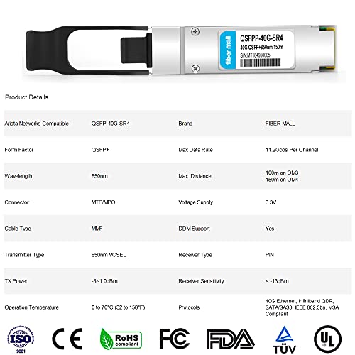 Image of 40G QSFP+ SR4 for Arista Networks QSFP-40G-SR4, 40GBASE-SR4 QSFP+ 850nm 150m MTP /MPO DOM Optical Transceiver Module