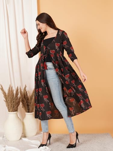 Image of COTLAND Fashions Jaipuri Cotton Printed Black Shrug /Jacket /Cape for Women