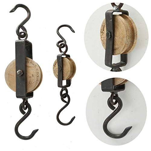 LS-LebenStil 2x Vintage Loft Flaschenzug - Set 2 Stück - 20-27cm - Braun Schwarz - Holz Schiffsblock - Haken Deckenhaken Wandhaken zum Aufhängen für Lampen Pflanzen Blumen Dekoration Umlenkrolle