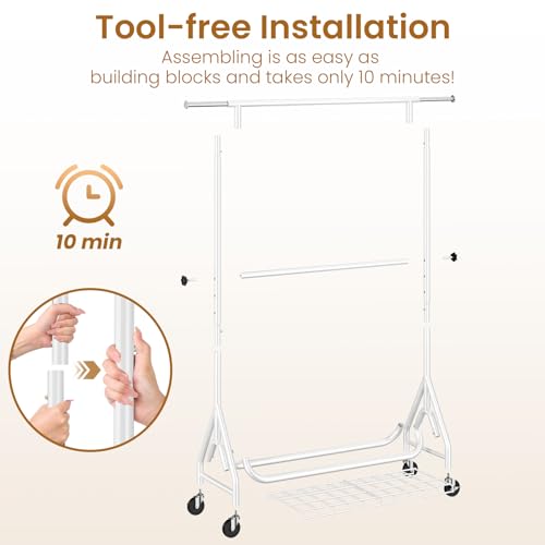 Image of Double Rods Clothing Rack, Heavy Duty Clothes Rack for Hanging Clothes Load 560LBS, Metal Rolling Garment Racks with Wheels, Freestanding Clothes Hanging Racks, White