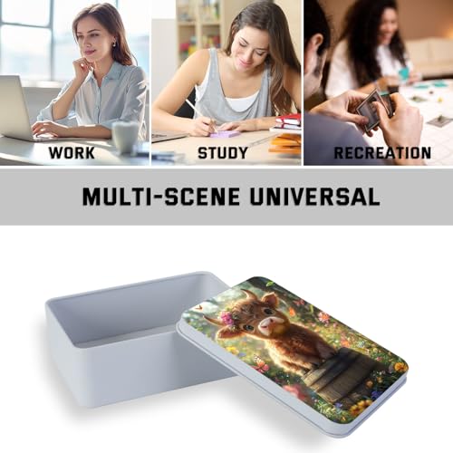 Image of Metal Tin Box with Lid for Game Cards Home Large Organizer Candles Keys Crafts Storage - Comes with 4 Magnetic Cord Clips,Cute Highland Calf Floral