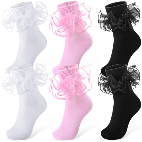 Image of Geyoga 3 Pairs Women Big Ruffle Socks Turn Cuff, Double Lace Ankle Cotton Frilly Socks for Ladies Summer