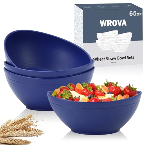 Wrova 65oz Large Salad Bowls Deep Blue - Wheat Straw Serving Bowls Set of 4 - Unbreakable Serving Bowls Dishware & Microwave Safe - BPA Free Bowl for kitchen,camping