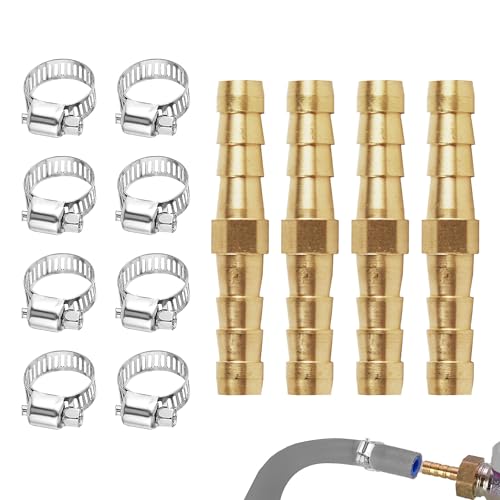 4 Pack 10mm Hose Pipe Connector Hose Brass Barb Fitting Straight Connector Coupler with 9-16mm Adjustable Stainless Steel Hose Connectors and Fittings for Water Fuel Air Gas