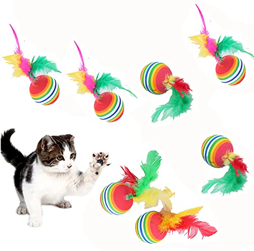 MEISO 10 Stück Katzenspielzeug, Bälle mit Feder, Regenbogen-Katzenbälle, Spielzeug, interaktives Kätzchenspielzeug, bunte Bälle für den Innenbereich, Kätzchen, Kautraining, Jagd