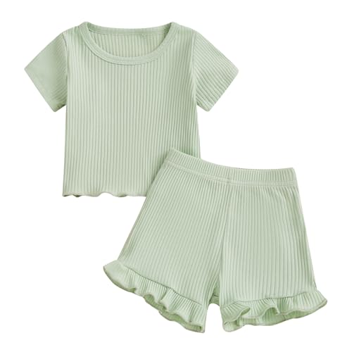 Newbgclo Baby Girl Summer Outfit Solid Color Short Sleeve Ribbed T-shirts Elastic Waist Shorts 2Pcs Toddler Clothes Set (Green, 2-3T)