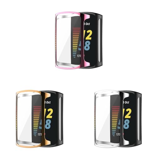 Funda compatible con Fitbit Charge 6, 3 unidades de protector de pantalla flexible de TPU resistente a los arañazos para Fitbit Charge 6/Charge 5 (rosa/oro rosa/plata)