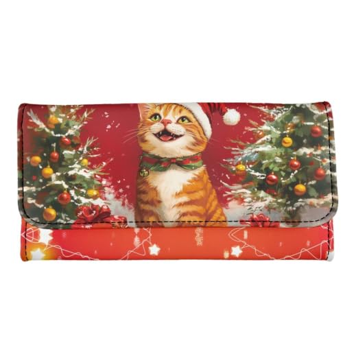 Image of AFPANQZ Leather Wallets for Women Checkbook Wallet with Cit Card Slots | Christmas Cat Print Women's Leather Purse Large Capacity PU Purses with Zipper