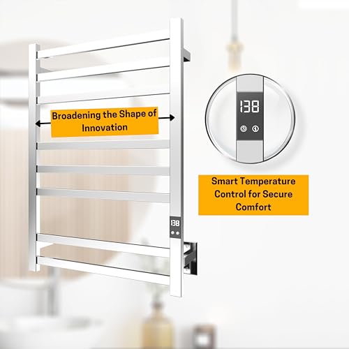 Image of 8-Bar Towel Warmer Rack, Polished Stainless Steel | Polished 304 stainless steel, LED display, 115-155F temp control, 1-24H timer, plug-in or hardwired install