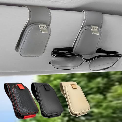 Teoenix Sunglass Holder for Car 2 Pack Car Sunglass Holder Visor Clip Magnetic Leather Sun Glasses Eyeglass Hanger Gray Fit for Different Size Eyeglasses