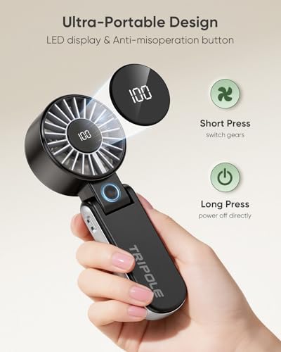TriPole Handventilator, tragbarer USB Ventilator, 5 Geschwindigkeiten, starker Luftstrom, LED-Anzeige, 4000mAh Mini Ventilator klappbar für Reisen, Urlaub, Tisch, Outdoor, Ausflug (Schwarz) 6