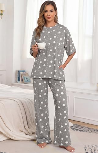 Image of PrinStory Womens Pajamas Sets 2 Piece Lounge Set Short Sleeve Tops and Long Pants Soft Pjs Loungewear with Pockets