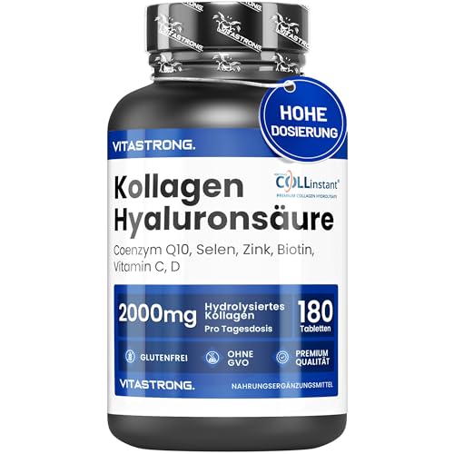 Kollagen Hochdosiert mit Hyaluronsäure Made in Germany COLLinstant Typ I & III Kollagen Komplex Biotin Zink Selen CoQ10 180 Tabletten Halal- und Koscher-zertifiziert ohne Gluten und Laktose