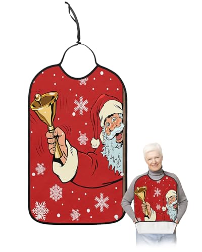 LEOKOTI Red Santa Christmas Adult Bibs for Eating, Waterproof Bibs with Food Catcher & Adjustable Snap Closure, Winter Snowflake Xmas Bells Washable Clothing Protectors Adult Bibs for Elderly