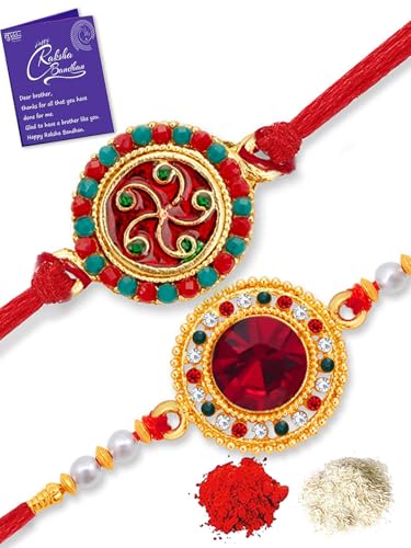 Image of Sukkhi Elegant Kundan Designer Gold Plated Premium Rakhi for Brother, Roli Chawal & Greeting Card | Combo-Set of 2