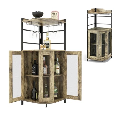KOMFOTTEU Armario de Esquina con Soporte de Copas, Mueble Bar con Puertas de Malla Metálica, Aparador de Vino con Estante Ajustable, Botellero Esquinero para Cocina, Comedor, 48 x 48 x 130 cm