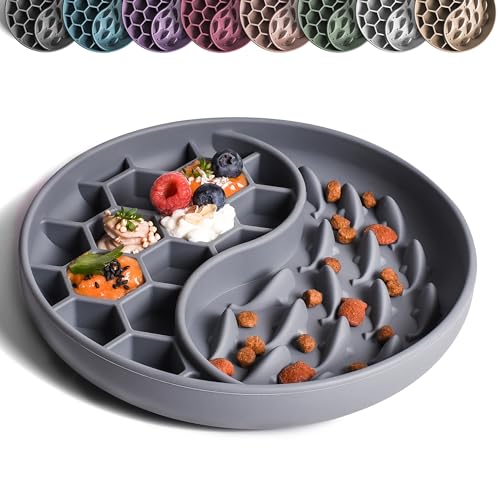 ne&no® Anti Schling Napf für Hunde und Katzen I Slow Feeder I Leckmatte Hund mit großem Saugnapf I Schleckmatte Katze für Nassfutter und Trockenfutter (Grey Blue)