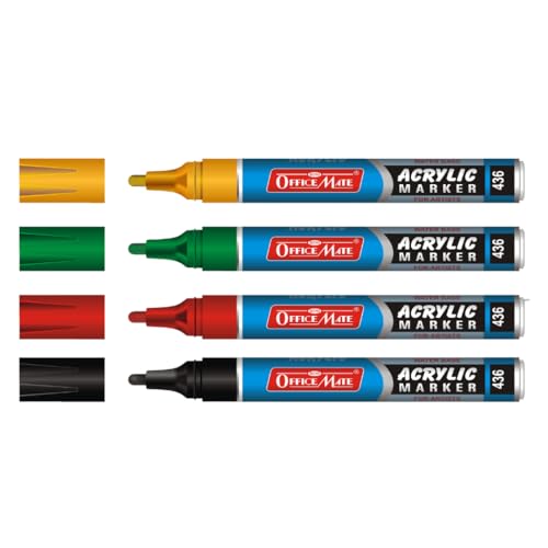 Image of Soni Officemate Regular Acrylic Marker | Pack of 4 (Mix)| For Canvas, Paper, Glass, Wood & More | Water-Based, Non-Toxic | 4.5 mm Tip | Ideal for Crafts & Projects