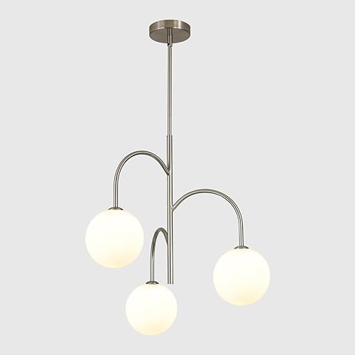 Flyrose Candelabro moderno de 3 luces de cristal de leche de mediados de siglo, lámpara colgante de níquel cepillado, bola de globo grande, lámpara