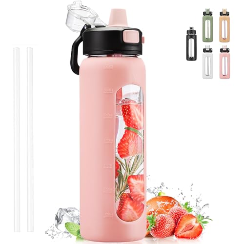 Kodrine Glass Water Bottle with Soft Silicone Spout, 24 oz and 32 oz Bottles, Pink & Light Blue
