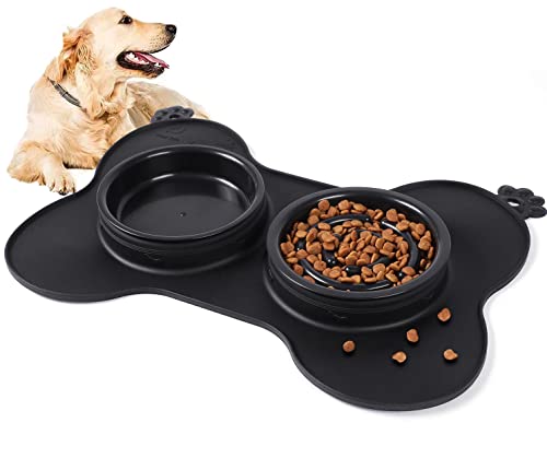 Gamelle Anti Glouton Chien Chat 3 en 1, Gamelle avec Base Antidérapante et étanches, Gamelle Double Chien en Silicone avec Tapis en Silicone Anti-Débordement, pour Petit Moyen Animal Domestique Cover