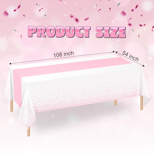Image of WNINK 4 Pack White and Light Pink Tablecloths, Light Pink Disposable Plastic Waterproof Table Cover, 54 inch x 108 inch, for Birthday, Baby Shower，Wedding, Bridal Shower, Picnic Camping Parties