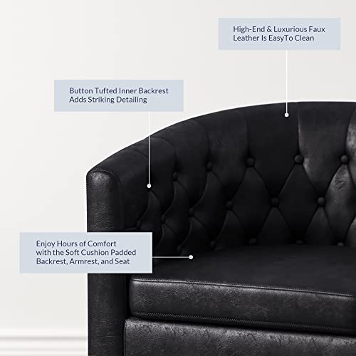 Image of BELLEZE Black Accent Chairs for Living Room, Elegant Arm Chair Upholstered Tufted Barrel Chair Club Chair for Bedroom with Sturdy Legs and Faux Leather - Berlinda (Black)