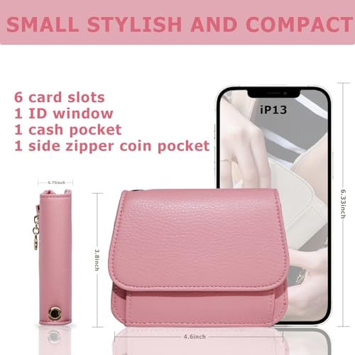 Image of Women Small Wallet RFID Blocking Slim Wallet with Coin Pocket Tri-Fold Credit Card Holder with ID Window and Keychain(Pink)