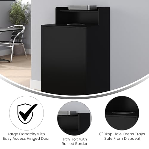 Image of Flash Furniture Dell Trash Can Enclosure with Tray Shelf and 8 inch Drop Hole, Commercial Grade Trash Receptacle for 32 Gallon Round Cans, Swing Door Access, Black